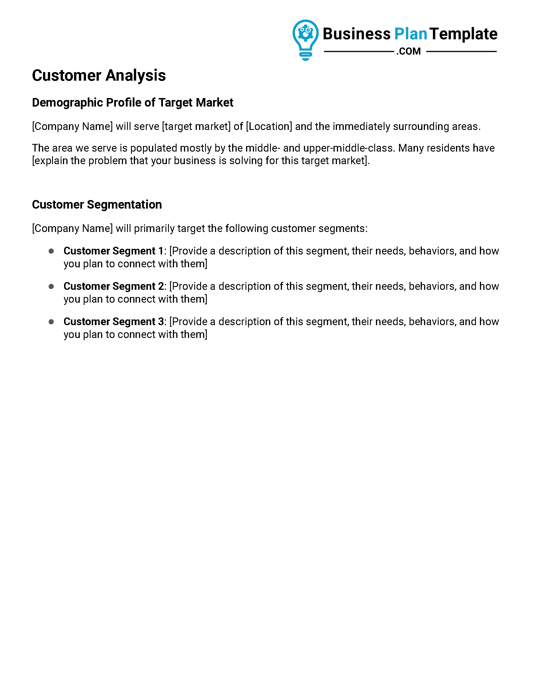customer analysis business plan template