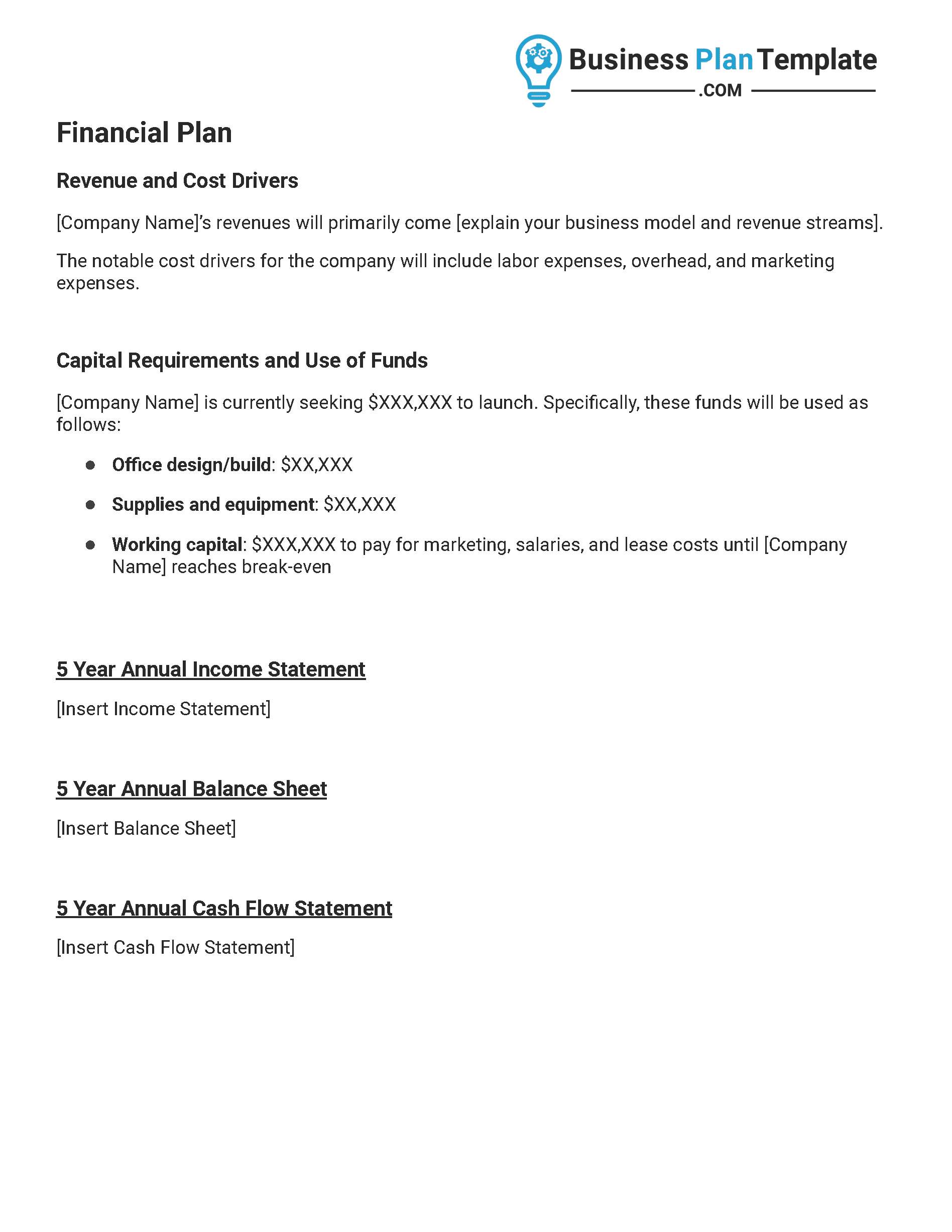 financial plan business plan template