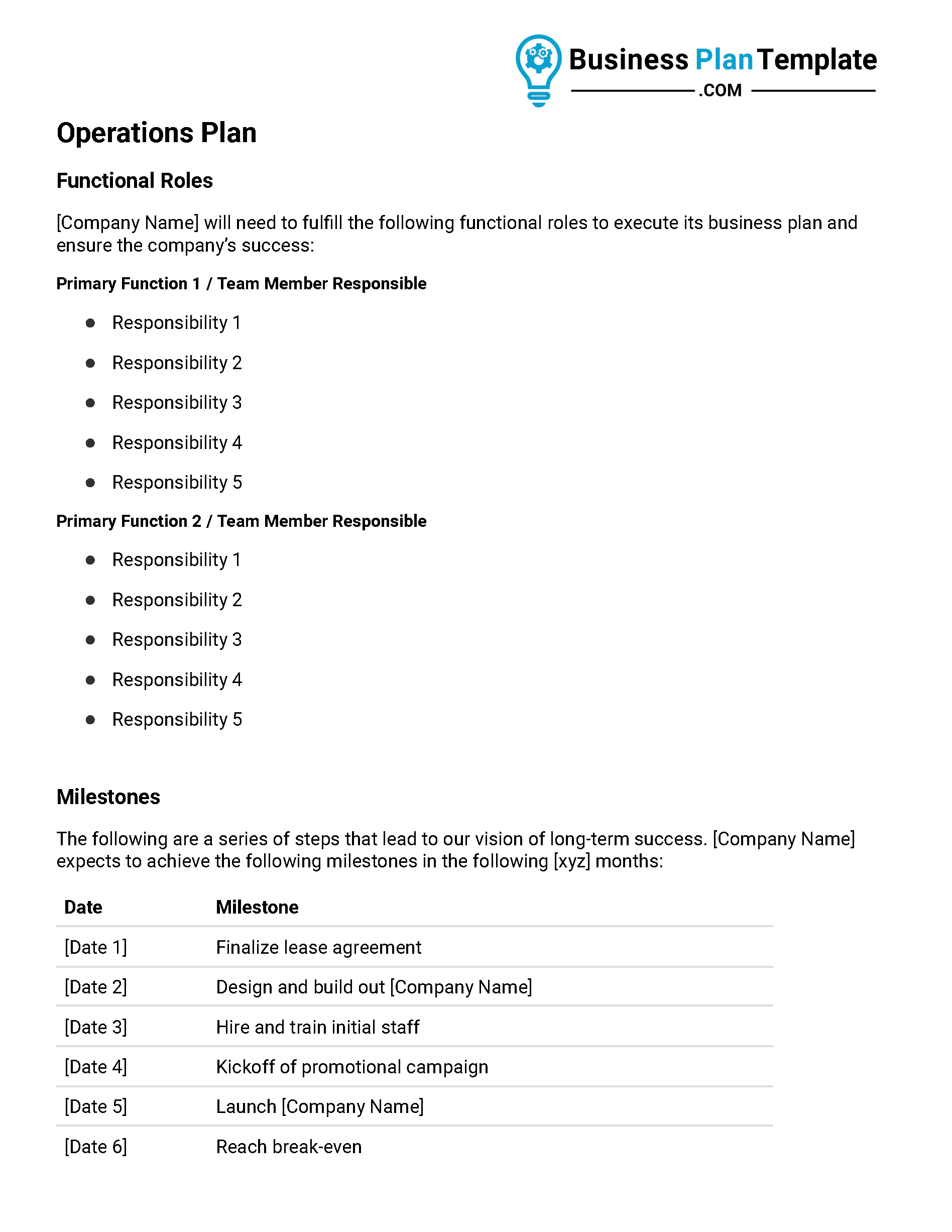operations plan business plan template